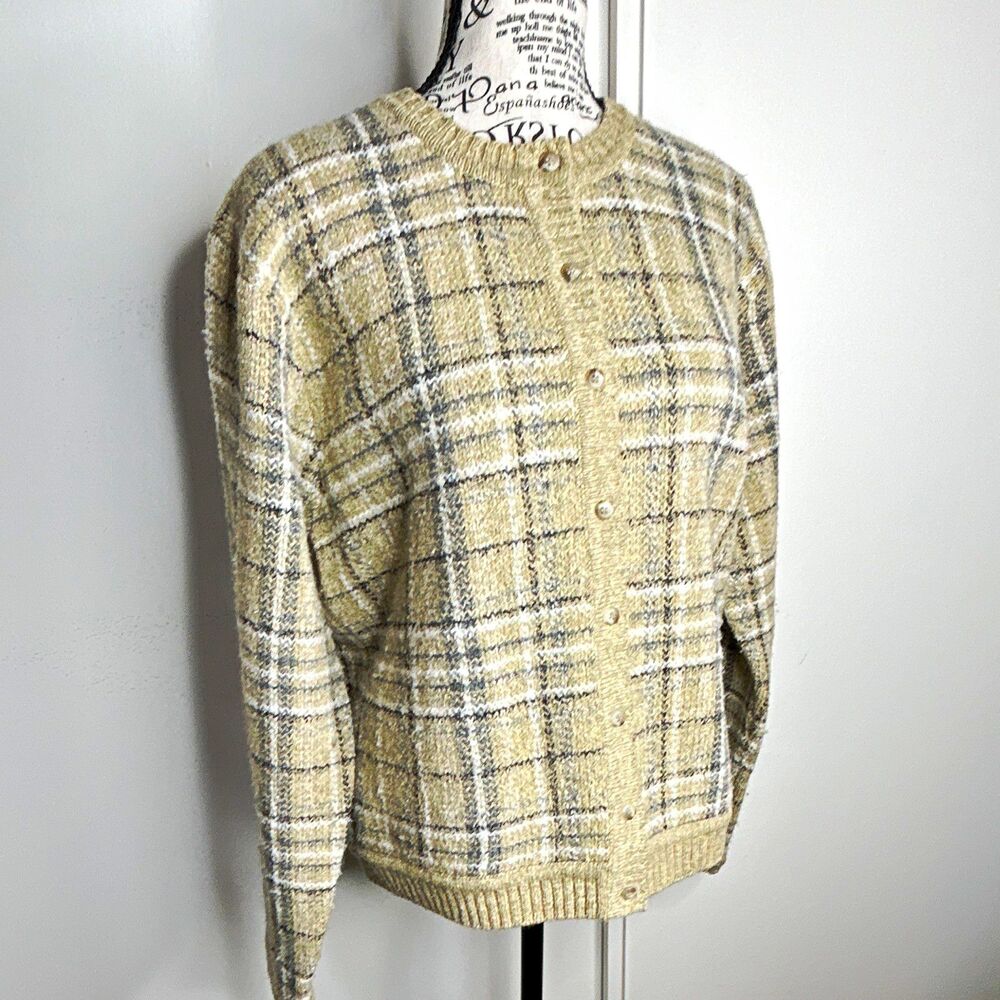 Vtg Robert Scott Plaid Knit Cardigan Sweater Size Medium Preppy Silk Wool Blend